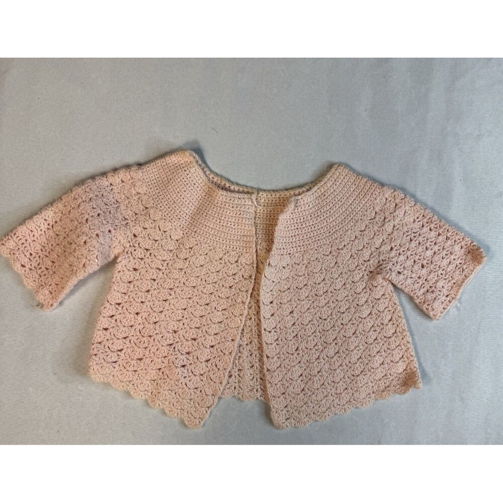 Handmade Crochet Baby Cardigan Light Pink Scalloped Shimmer Knit Jacket 0-3/3-6M